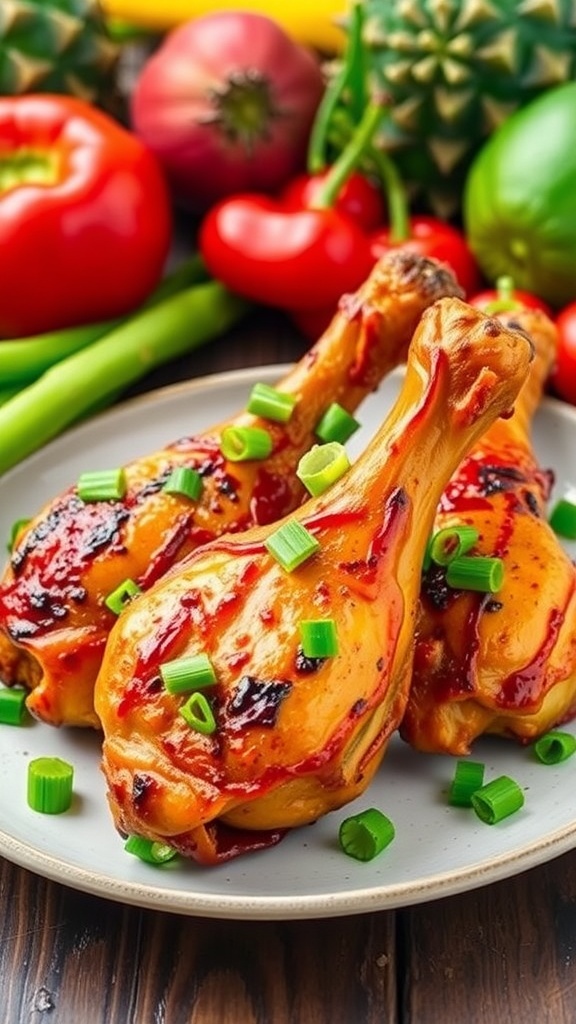 Grilled jerk chicken drumsticks garnished with green onions on a colorful plate.